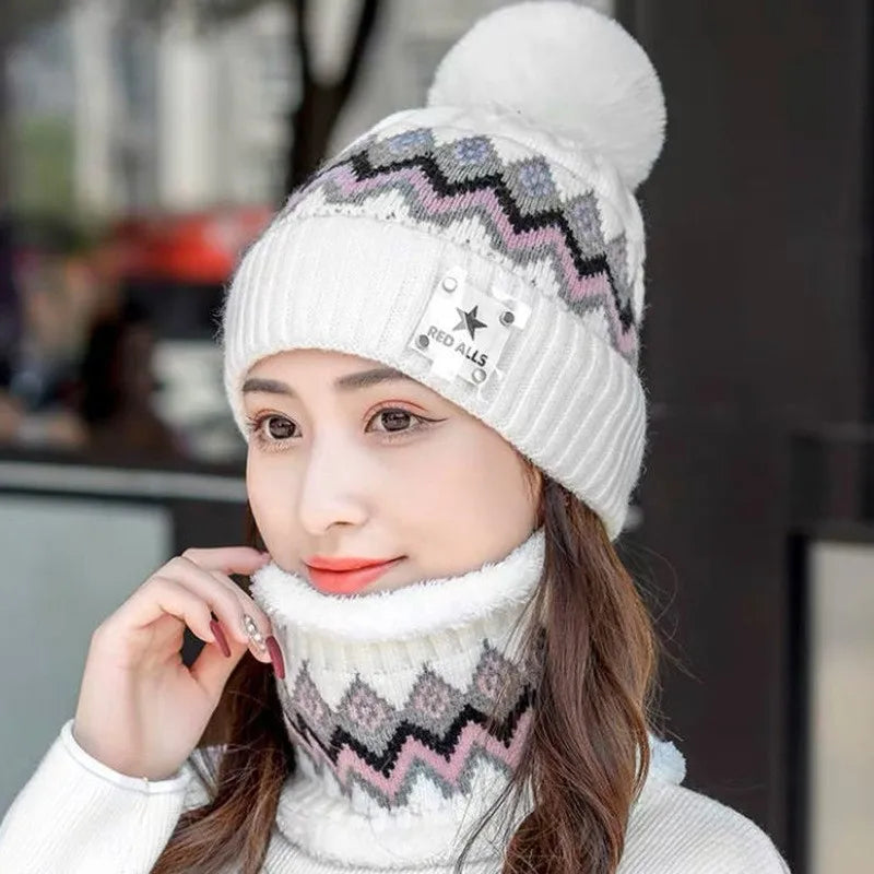 2PCS Winter Women Plush Velvet Hats Neck Warmer Hat Scarf Set Beanies Cycling Windproof Hat Outdoor Ear Protection Outdoor