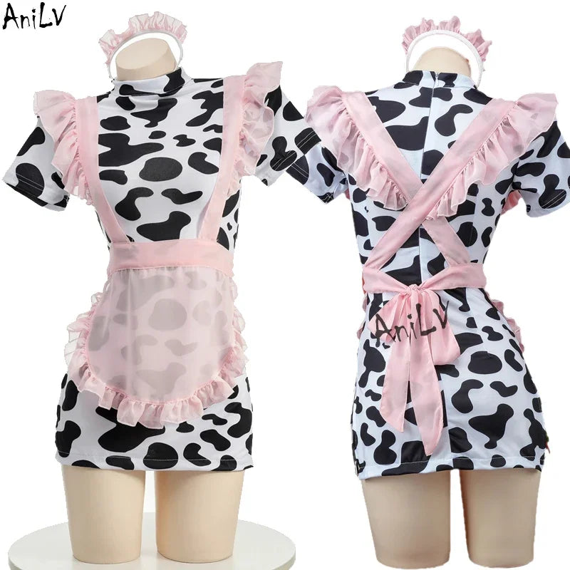 Women’s Kawaii Cow Maid Swimsuit Cosplay Set