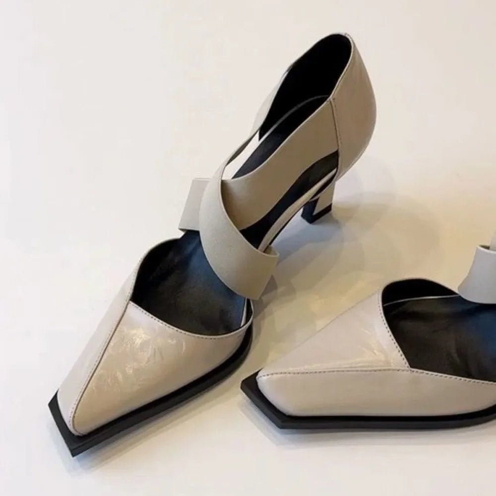 Women’s French Elegant Mary Jane Pumps with Cross Elastic Strap, Square Toe & Block Heel