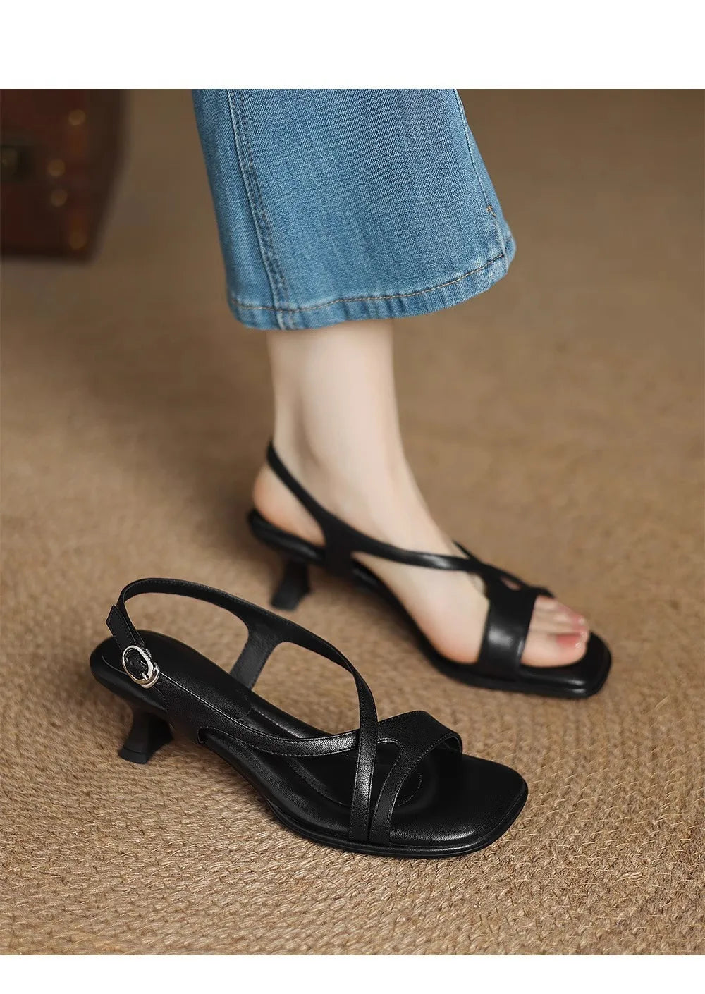 Women’s Elegant Square Toe Cross Strap Sandals Low Heel Buckle Soft Sole Comfortable Summer Dress Fashion Shoes