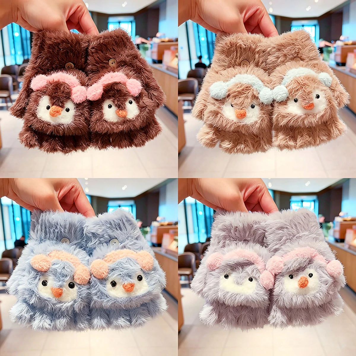 Cute Cartoon Animal Plush Flip Gloves Faux Mink Fur Convertible Half Finger Mittens Soft Warm Winter Gloves For Girls Boy Daily