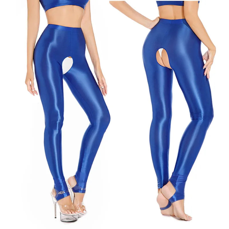 Womens Oil Glossy Open Crotch Leggings Sexy Crotchless Pants Elastic Waistband Stretchy Thigh Skinny Trouser for Yoga Nightwear