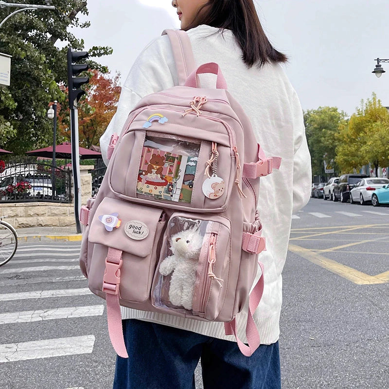Cute Women’s Waterproof Nylon Backpack – Multi-Pocket Kawaii School Bag, Laptop & Book Pack for Girls, Stylish Student Travel Backpack