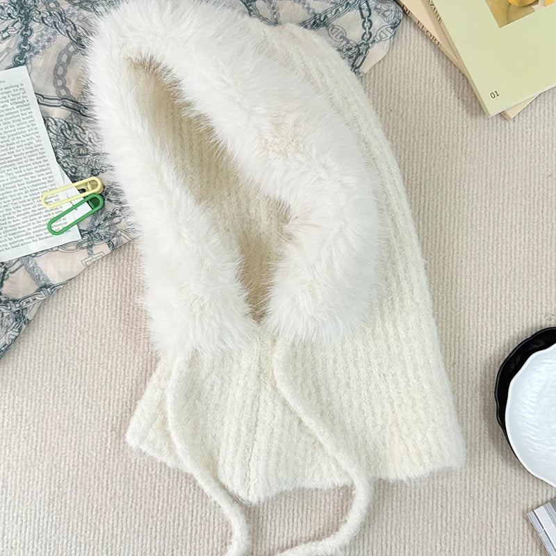 New Balaclava Women's Winter Wool Knitted Hat Ski Windproof Hat Thick Plush Fluffy Beanies Hood Pullover Hats for Riding Outdoor