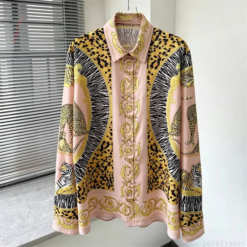 Men's shirt retro Baroque animal print shirt casual loose long sleeved shirt light luxury design sense men's top XS-6XL size