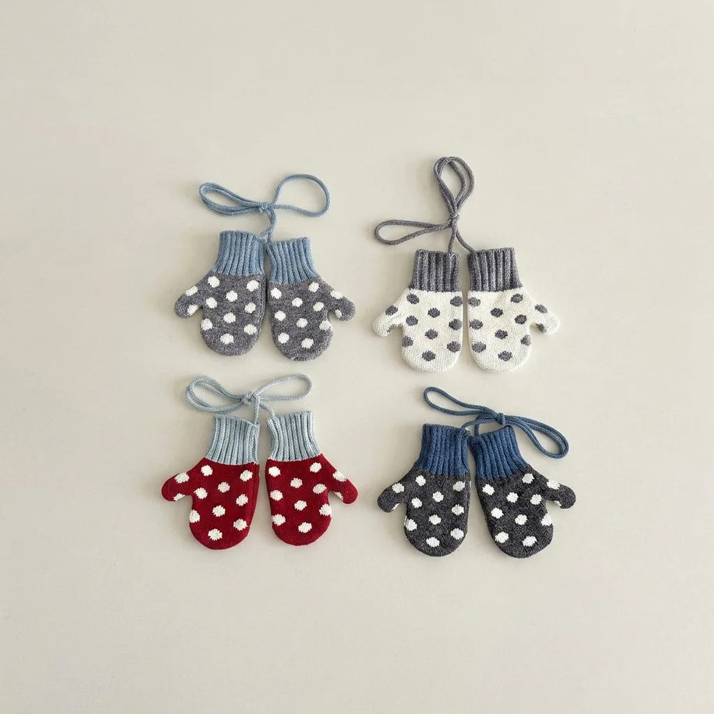 Autumn Winter Baby Anti-lost Gloves Korean Fashion Polka Dot Mittens Kids Gloves Warm Knitted Toddler Gloves for Outdoor Wear