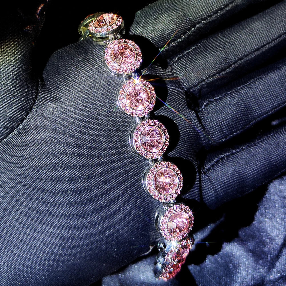 Iced Out Pink Cuban Bracelet Set for Women – 4Pcs Hip Hop Crystal Heart, Circle & Square Gold/Silver Tone Bracelets, Fashion Jewelry Gift