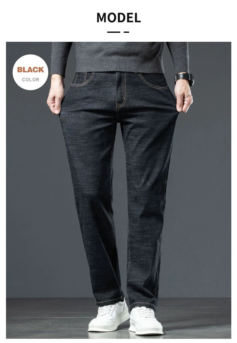 Plus Size 44 46 Casual Sherpa Warm Jeans Men Winter Velvet Thick Trousers Loose Straight Business Classic Fleece Denim Pants