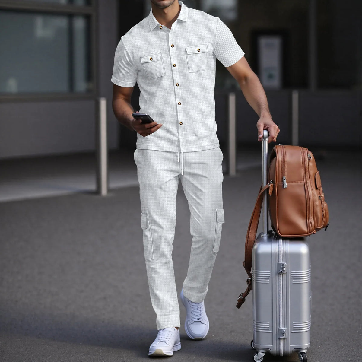 Men's Matching Sets: Waffle Knit 2PC Outfit & Light Coats, Short Sleeve Cargo Shirt & Drawstring Multi-Pkt Pants for Daily