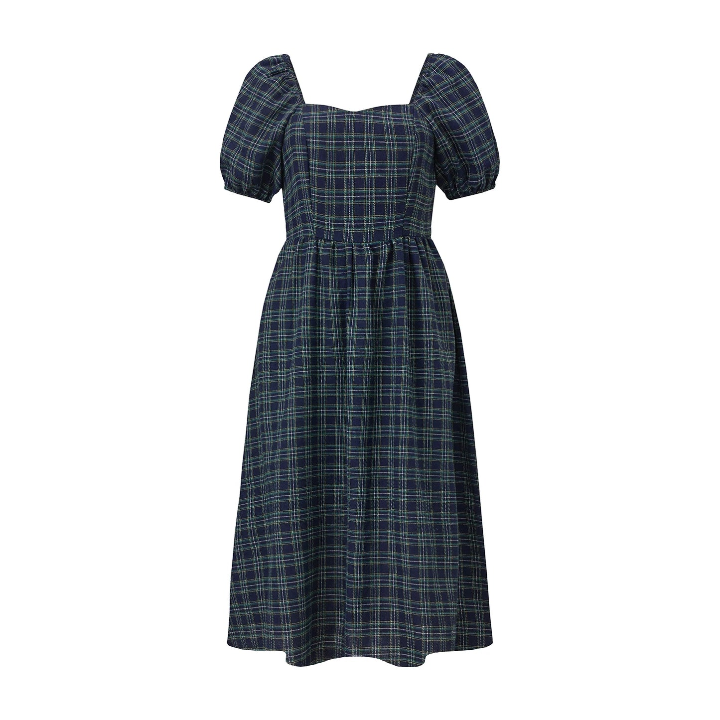 Plaid Puff-Sleeve Midi Dress
