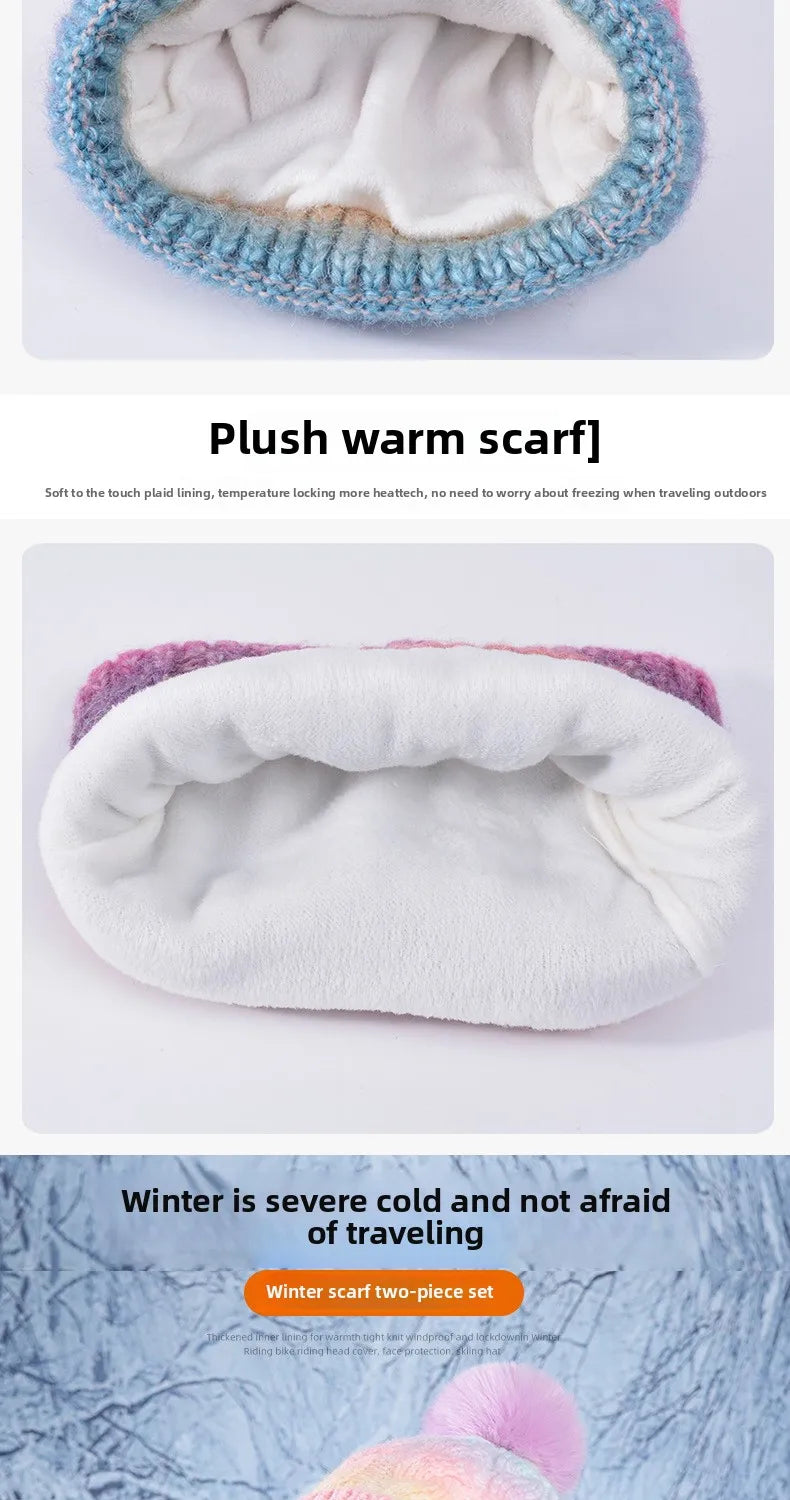 Winter Lady Warm Hat Scarf Two-piece Set Fleece Thickened Gradual Change Color Knitted Skiing Hat Fashion Pullover Hat for Women