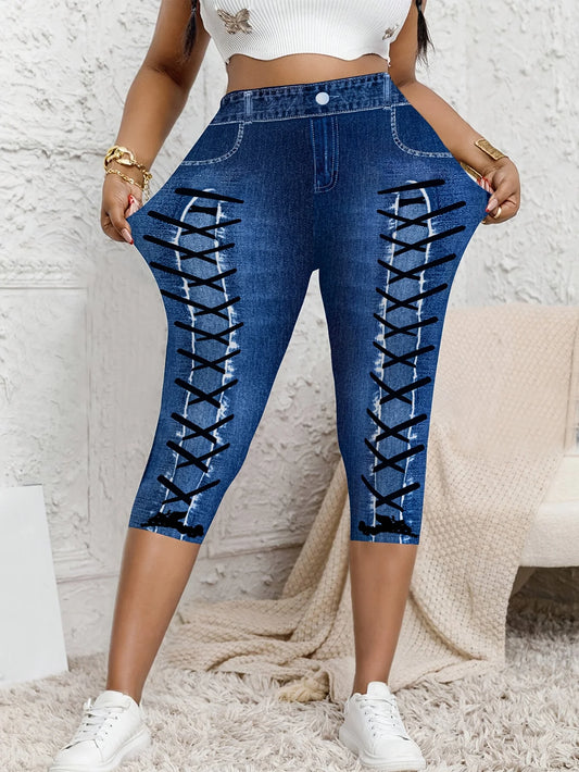 Plus Size High-Waist Faux Denim Biker Shorts