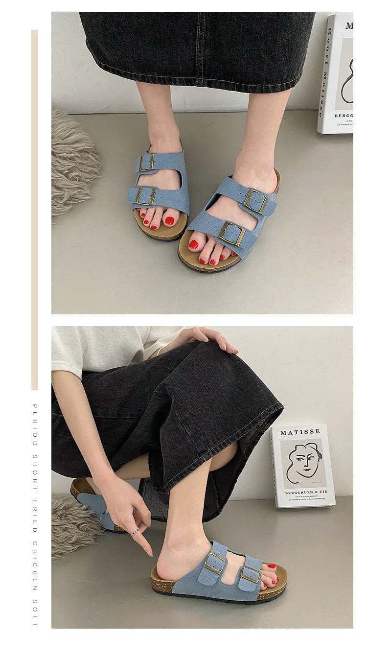 Comwarm Classic Cork Slippers For Women New Fashion Suede Flats Sandals Summer Couple Beach Slides Shoes With Adjustable Buckle