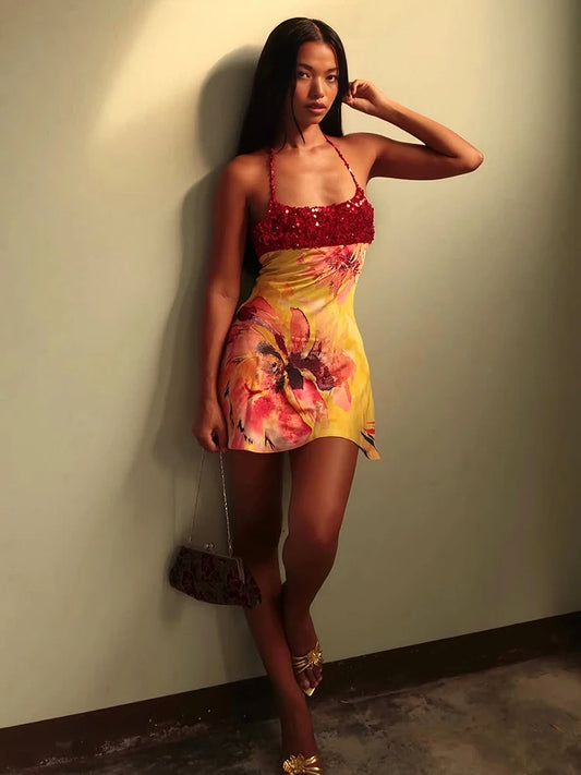Floral Sequin Backless Dress