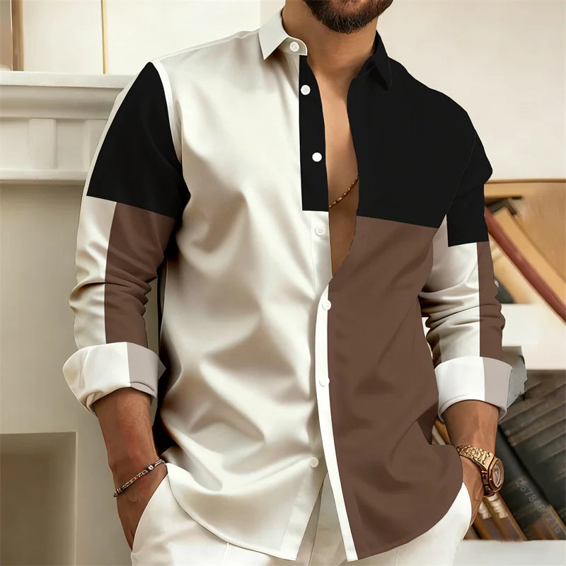 New Men's Color-Block Patchwork Long-Sleeved Shirt, Geometric Striped Casual Business Shirt, Slim-Fit Men's Top, Sizes S-6XL.
