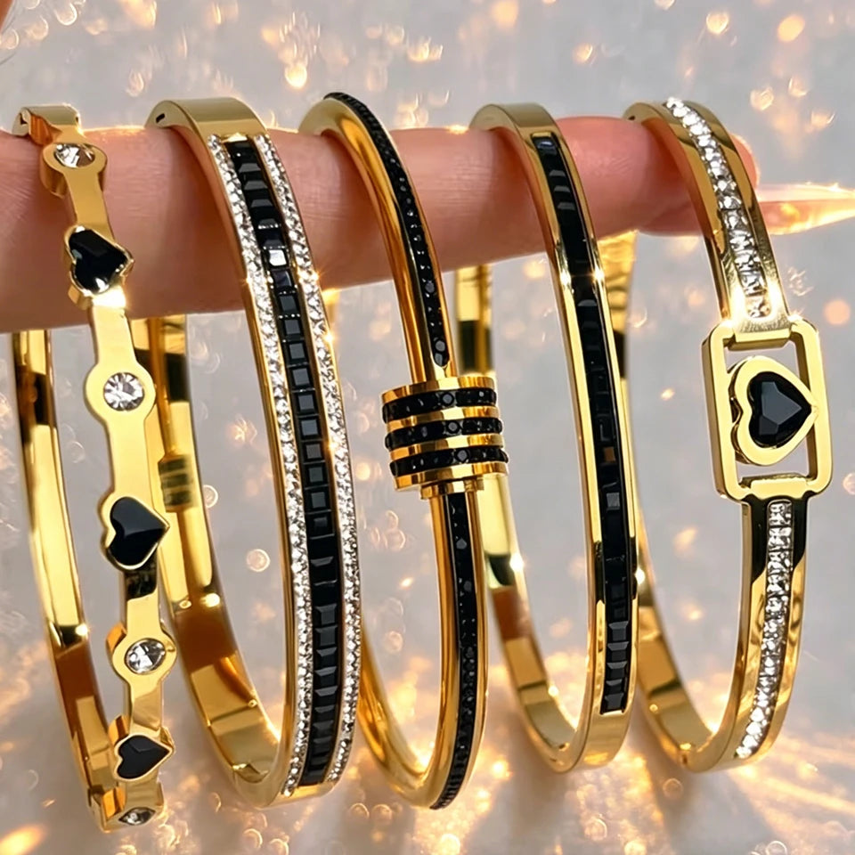 ZAKOL 5/1PCS Bling Black Crystal Zircon Stainless Steel Bracelet Set for Women – Trendy Waterproof Stackable Fashion Jewelry