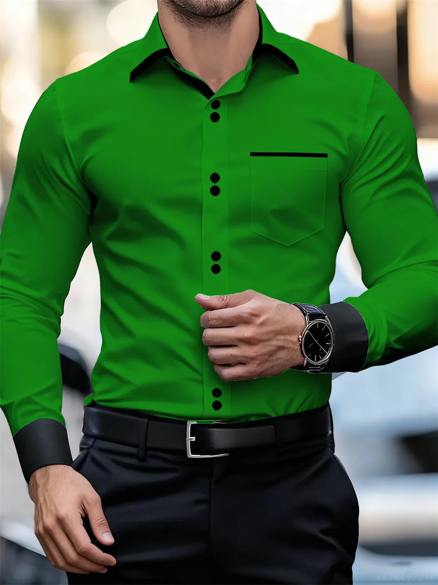 Men's Business Color Block Collar Long Sleeve Shirt, Slim Fit, Wrinkle-Free, Black and White Patchwork Shirt, Men's Fashion Top