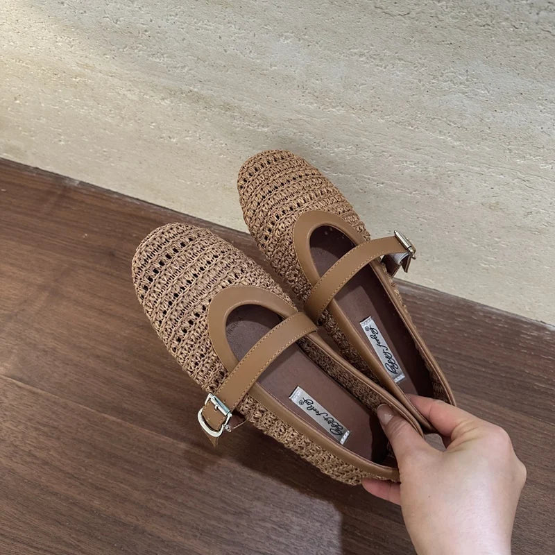 2026 Summer Breathable Hollow out Weave Women Ballet Flats Fashion Mary Janes Soft Soles Walking Loafers Casual Girls Shoes