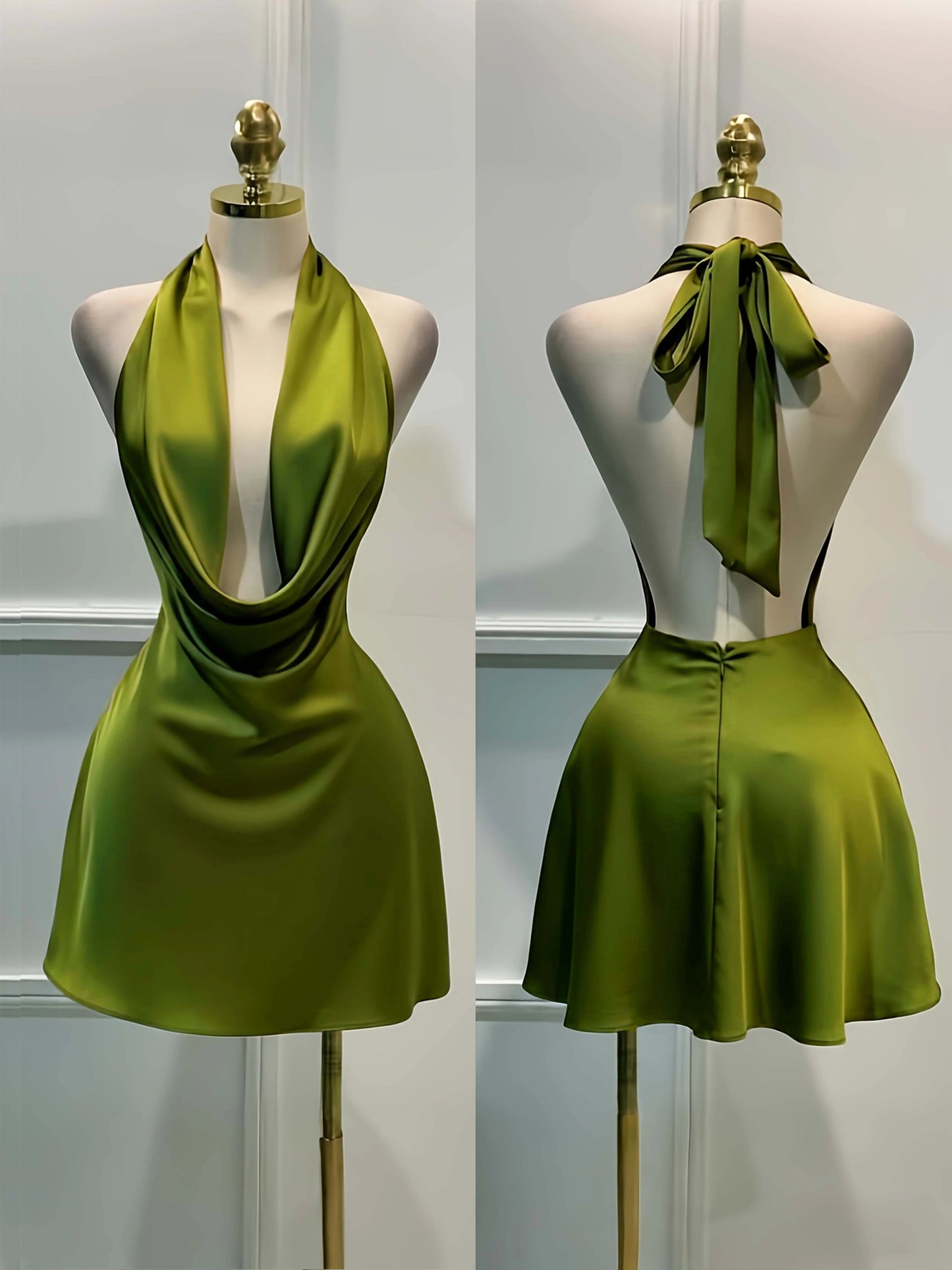 Women’s Elegant Solid Satin Midi Dress – Back Zipper Open Back Fitted Cocktail Party & Vacation Evening Gown