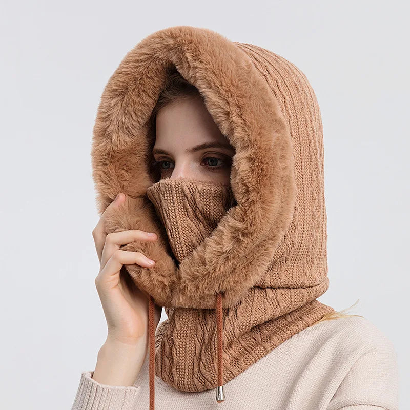 Winter Hat For Women Hooded Face Mask Fluff Keep Warm Thicken Style Neck Scarf Hooded Cap Beanie Knitted Cashmere Neck Warmer