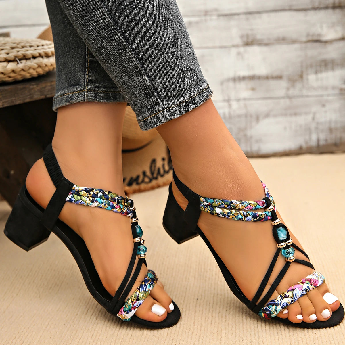 Women’s Bohemian Beaded Gladiator Sandals with Thick High Heels, Elastic Strap & Plus Size Summer Style