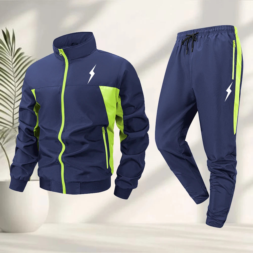 Men’s Lightning Print Sportswear Tracksuit Set – Zip-Up Jacket & Matching Trousers for Outdoor Fitness, Cycling & Casual Active Wear