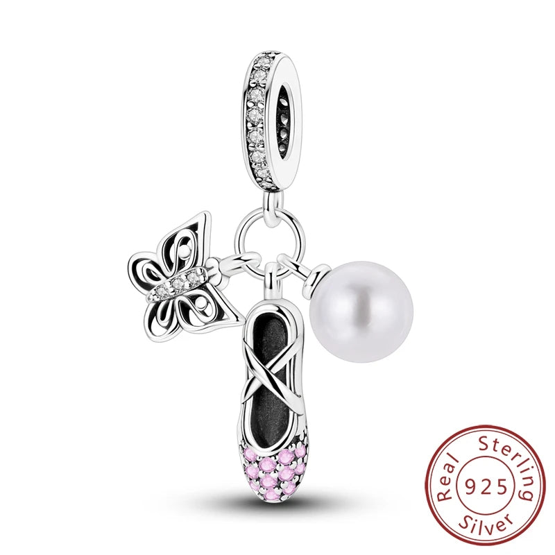 925 Sterling Silver Pink Ballet Girl Bow Pendant Charm Bead for Women – Elegant DIY Jewelry Making Charm for Bracelets & Necklaces