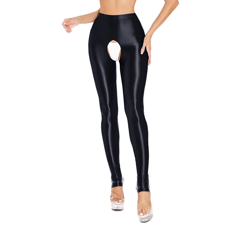 Womens Oil Glossy Open Crotch Leggings Sexy Crotchless Pants Elastic Waistband Stretchy Thigh Skinny Trouser for Yoga Nightwear