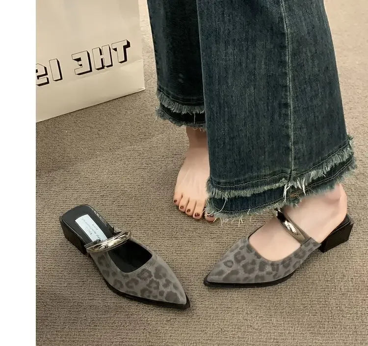 2026 New Women Cover Toe Mules Slippers Fashion Metal Decoration Thick Heel Slide Shoes Comfort Street Style Footwear