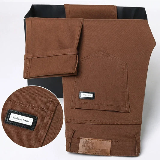 Coffee Slim Fit Men's Jeans Fashion Korean Soft Elastic Cotton Comfortable Casual Denim Pants Straight Casual Trousers
