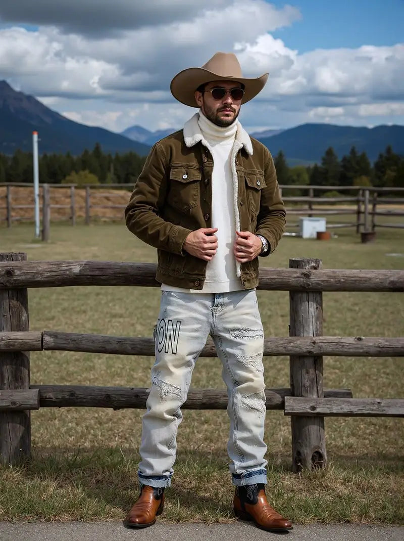 【HME】Men's jeans | Straight‑Fit Western Style Denim Pants For Men, Light‑Wash Destroyed Denim Trousers, Loose Comfort Casual pants, Fashion Letter Graphic Denim Bottoms, Ideal Match With Cowboy Boots For Street And Ou