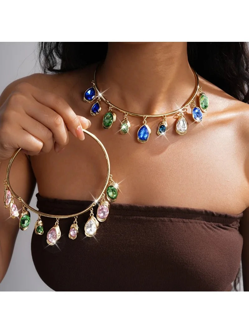 Women’s Boho Water Drop Wood & Rhinestone Necklace