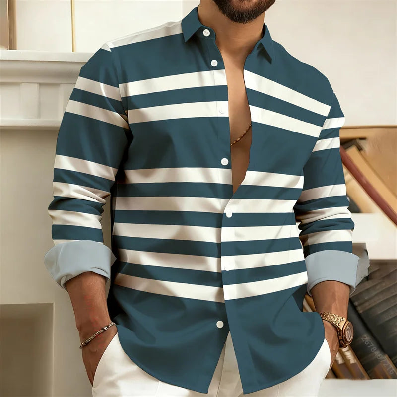 Men's Striped Long-Sleeved Shirt, Outdoor Street Style Casual Shirt for Men, Fashionable Lapel Men's Top, Comfortable Fabric.