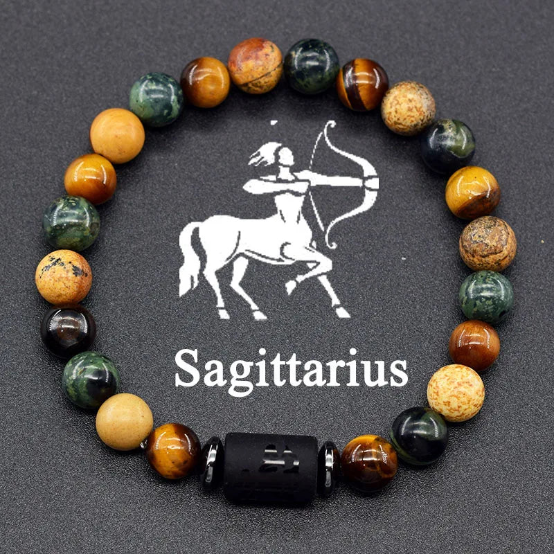 12 Zodiac Constellation Signs Bracelet for Men & Women – Natural Tiger Eye Stone Beaded Bracelet, Leo Taurus Charm Couple Jewelry
