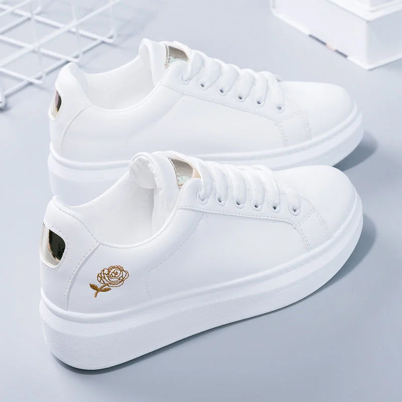 Women’s Floral Embroidered White Sneakers – Breathable PU Leather Lace-Up Casual Fashion Walking Shoes