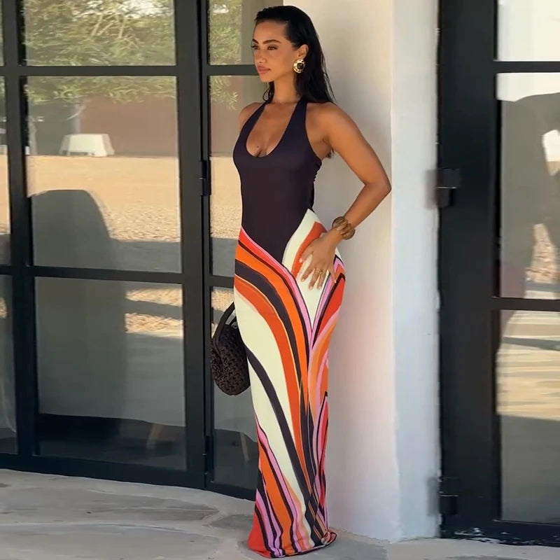 Women’s Sexy Printed Deep V-Neck Backless Maxi Dress