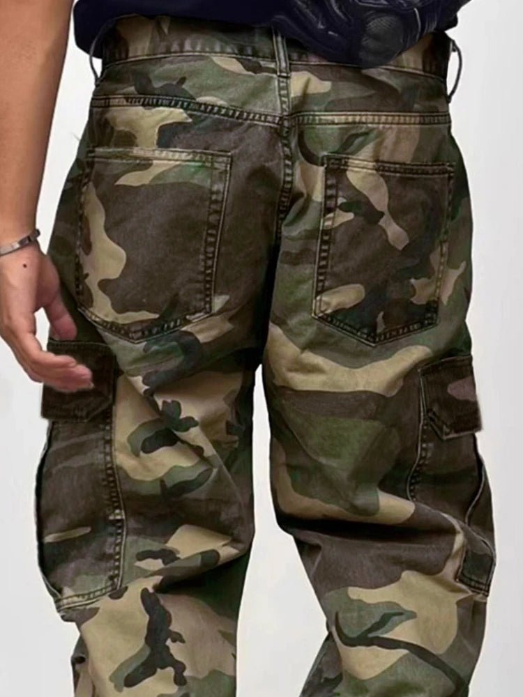 Men's Spring Fashion Casual Jeans Streetwear Camouflage Cargo Pants Distressed Ripped Wide Leg Trendy Daily Wear Loose Trousers