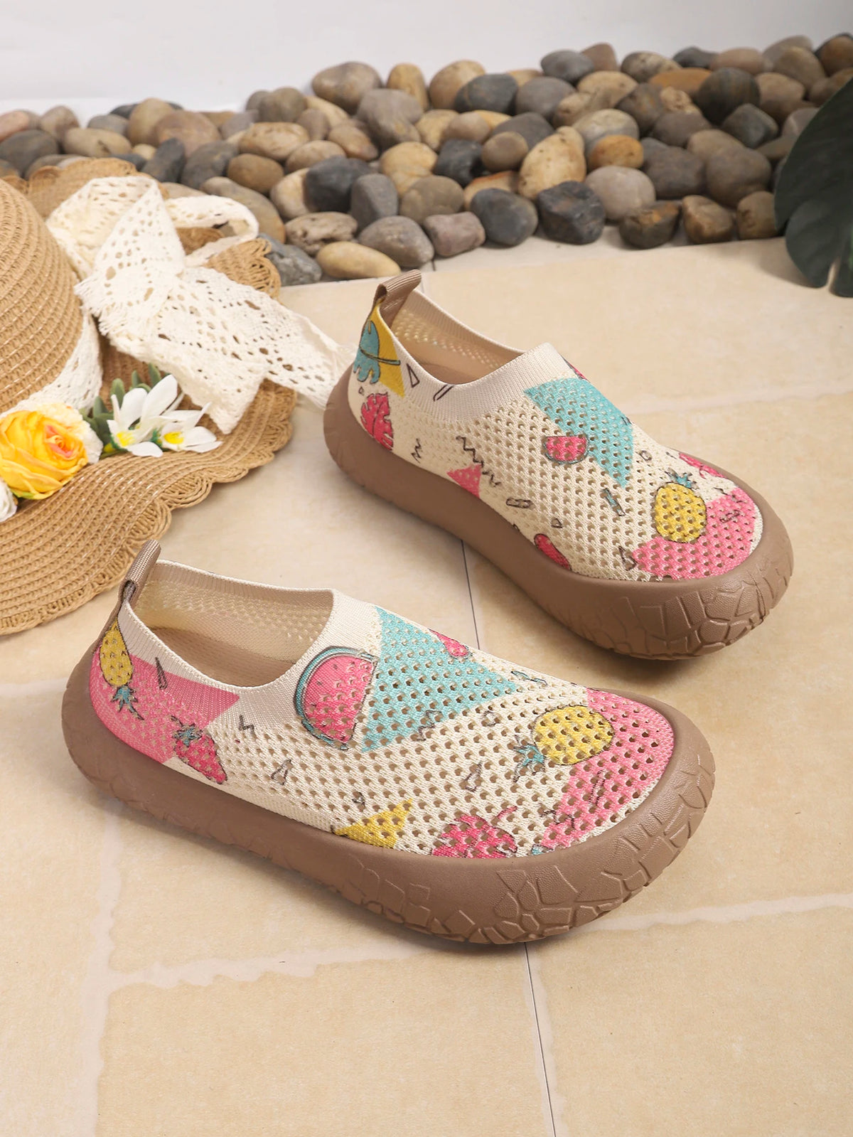 2026 Spring Autumn Women Tropical Print Slip On Sneakers Light Breathable Nonslip Mesh Casual Walking Shoes Daily Outdoor Commut