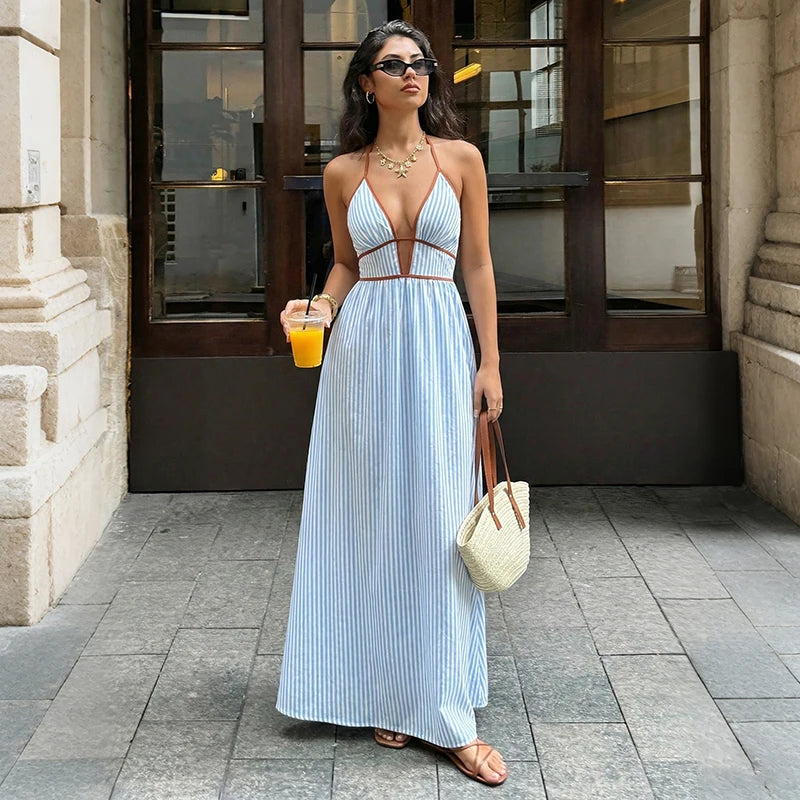 Women’s Striped Backless Maxi Dress