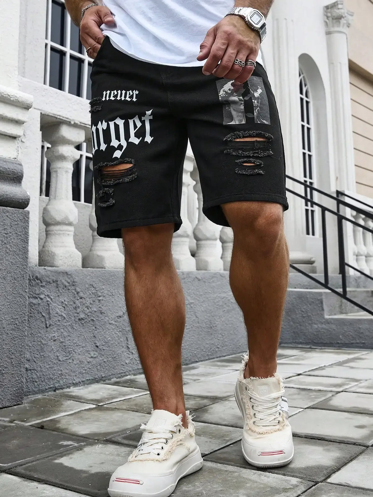 Men Summer Fashion Denim Shorts Jeans For Men Streetwear Letter Ripped Knee Length Baggy Comfort Cargo Casual Shorts Pants Jeans