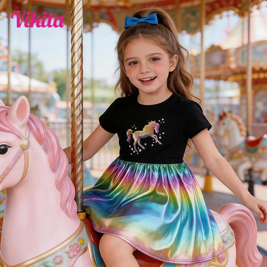 Girls Gradient Glitter Unicorn Summer Dress