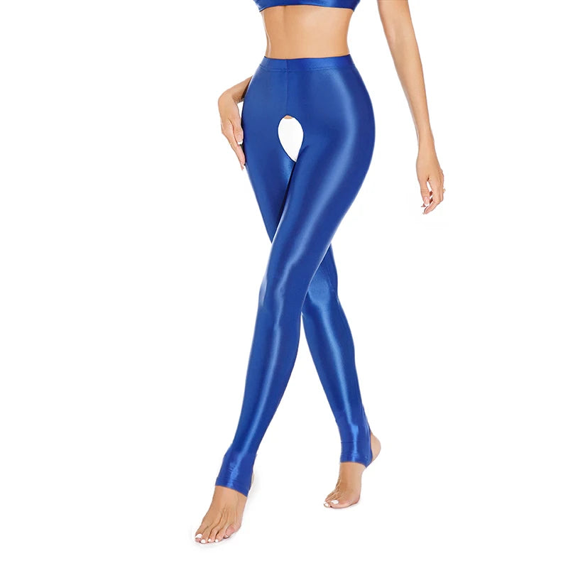 Womens Oil Glossy Open Crotch Leggings Sexy Crotchless Pants Elastic Waistband Stretchy Thigh Skinny Trouser for Yoga Nightwear