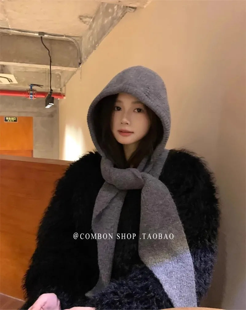 Oversize Hood Scarf Balaclava Hat Winter Ear Protection Windproof Warm Balaclava Hats Women Fashion Hat and Scarf Skullies Beani