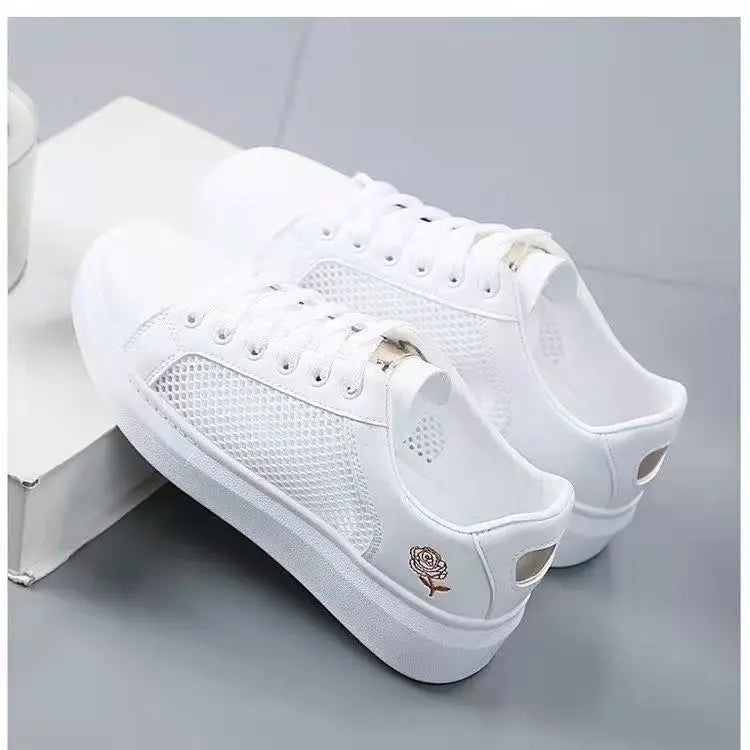 Women’s Floral Embroidered White Sneakers – Breathable PU Leather Lace-Up Casual Fashion Walking Shoes