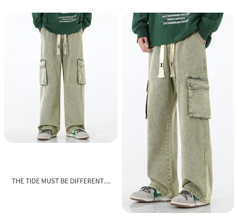 2024 New Men Baggy Cargo Jeans Fashion Streetwear Vintage Wide Leg Pants American Streetwear Y2K Big Pocket Youth Overalls
