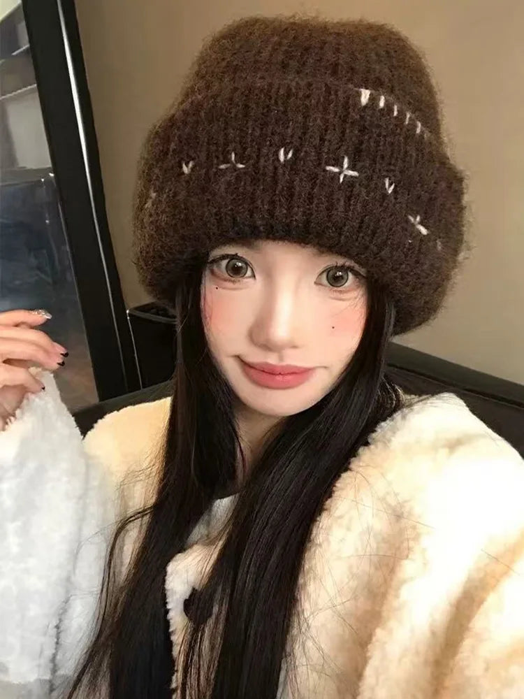 Women's Knit Thicken Beanie Winter Hat Soft Warm Stretchy Headwear Versatile Fashion Outdoor Cold Weather Ear Protecion Cap