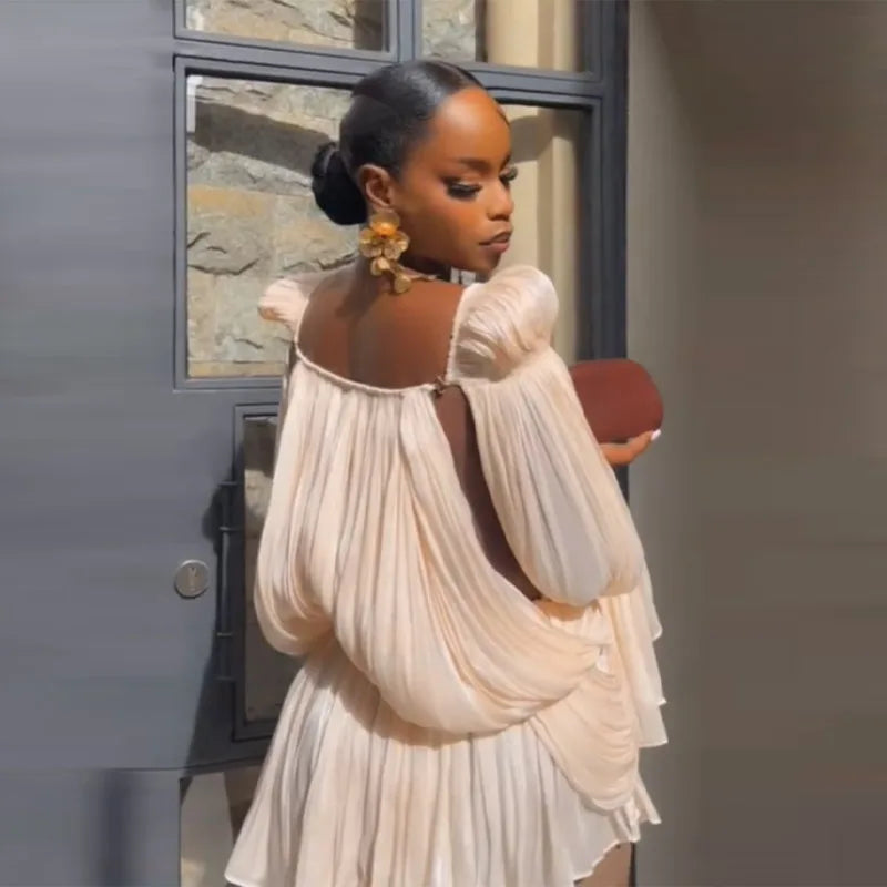 Women’s Pleated Puff Sleeve Mini Dress