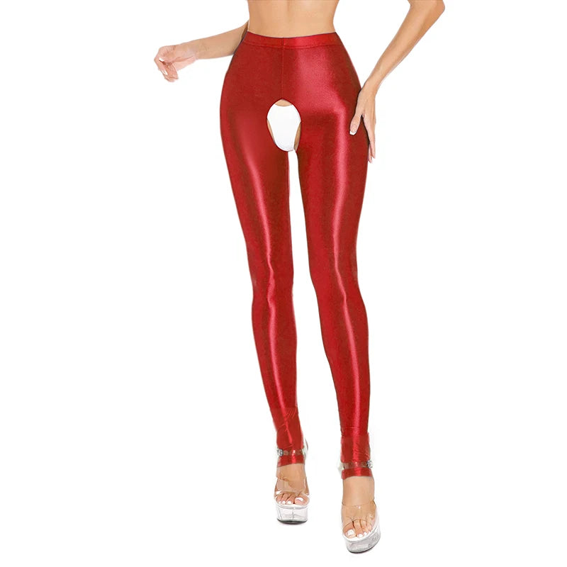 Womens Oil Glossy Open Crotch Leggings Sexy Crotchless Pants Elastic Waistband Stretchy Thigh Skinny Trouser for Yoga Nightwear