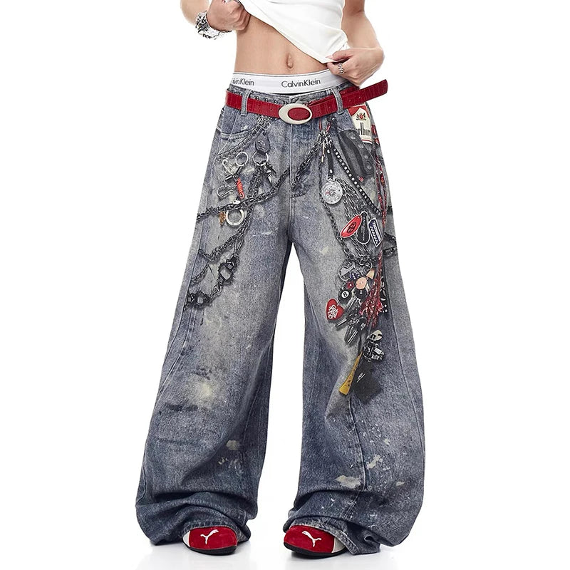 Autumn Korean Trendy Harajuku Streetwear Y2K Candy Chain 3D Printed Baggy Jeans Men's Hip-hop Retro Punk Straight Wide-leg Pants