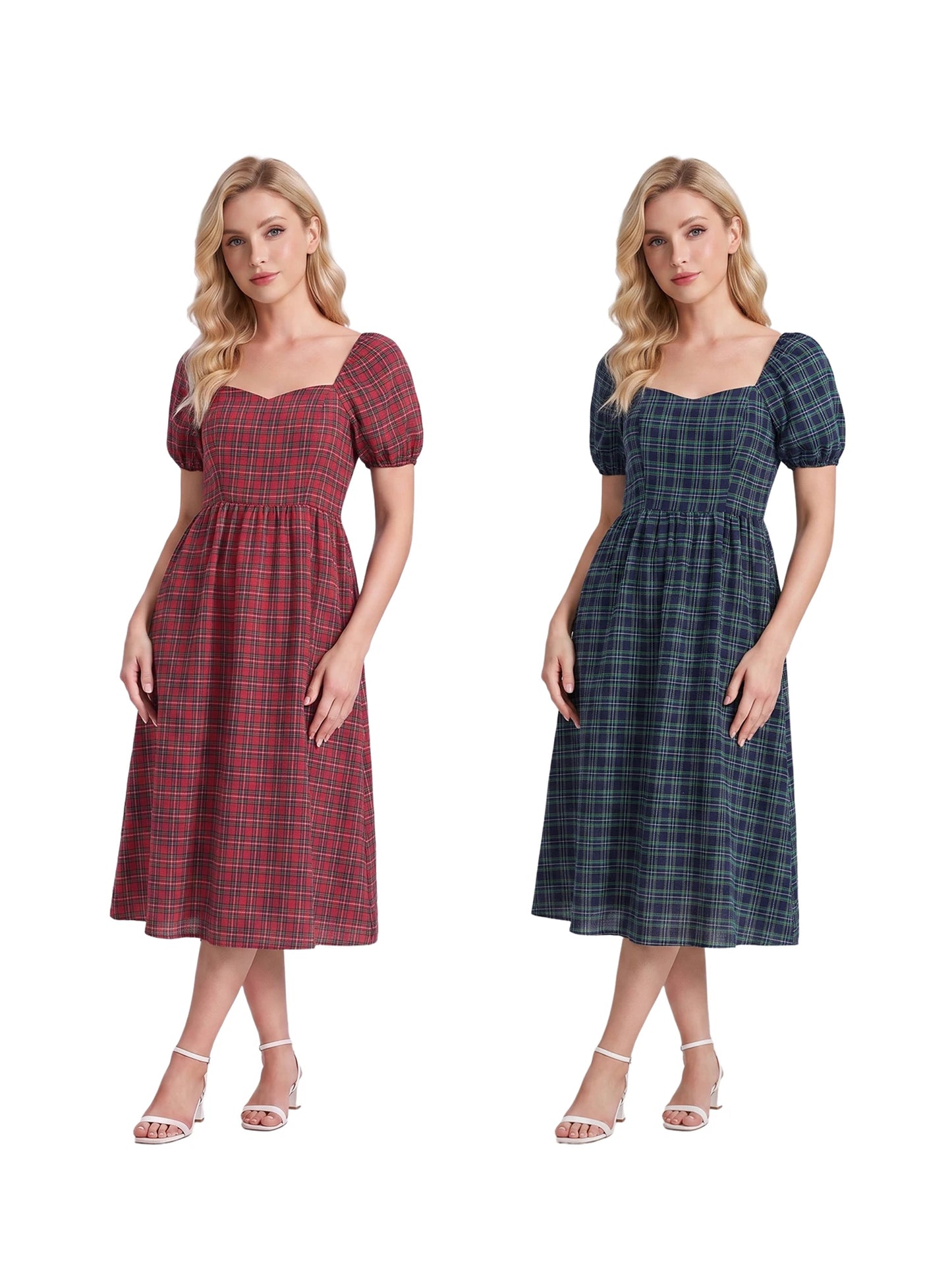 Plaid Puff-Sleeve Midi Dress